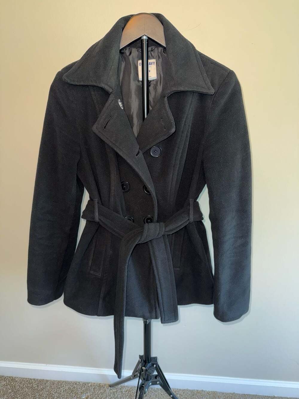 Old Navy Pea Coat Size M Black Belted Fleece